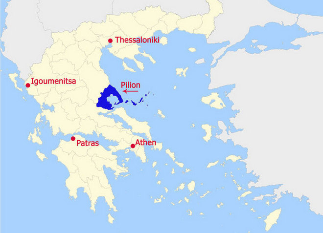 Гора Пелион на карте Греции