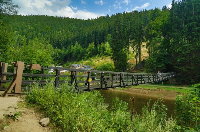 Висячий деревянный мост через реку Огрже